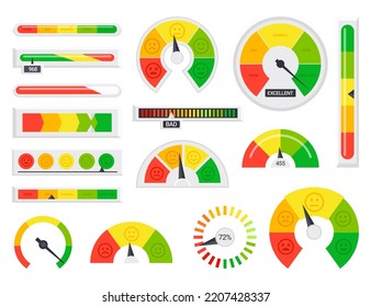 Set of business trust indicators, emotional emoticons, indicating quality, level, rating. Ratings of different levels poor, bad, normal, good, excellent, great. Vector illustration