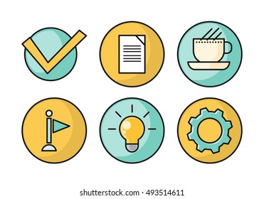 Set of business vector icons in flat style. Gear, bulb, info, coffee break, document pictograms. Illustration for application buttons, infogpaphics elements, logo, web design. On white background