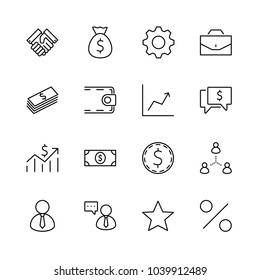 Set of business vector line icons. It contains symbols of a handshake, a user, dollar pictograms, gears, a briefcase, a bag of money, a schedule and much more. Editable move. 32x32 pixels.