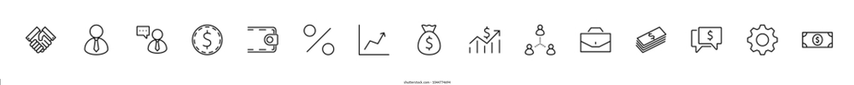 Set of business vector line icons. It contains symbols of a handshake, a user, dollar pictograms, gears, a briefcase, a bag of money, a schedule and much more. Editable move. 32x32 pixels.