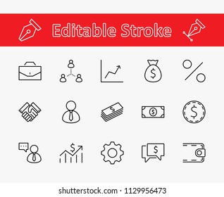 Set of business vector line icons. It contains symbols of a handshake, a user, dollar pictograms, gears, a briefcase, a bag of money, a schedule and much more. Editable move. 32x32 pixels.