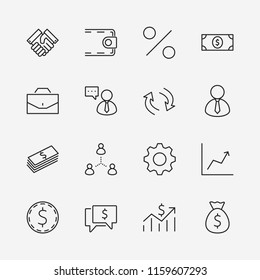 Set of business vector line icons. It contains symbols of a handshake, a user, dollar pictograms, gears, a briefcase, a bag of money, a schedule and much more. Editable move. 32x32 pixels.