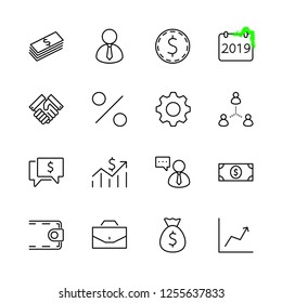 Set of business vector line icons. It contains symbols of a handshake, a user, dollar pictograms, gears, a briefcase, a bag of money, a schedule and much more. Editable move. 32x32 pixels.