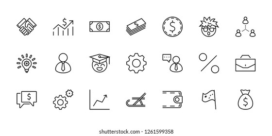 Set of business vector line icons. It contains symbols of a handshake, a user, dollar pictograms, gears, a briefcase, a bag of money, a schedule and much more. Editable move. 32x32 pixels.