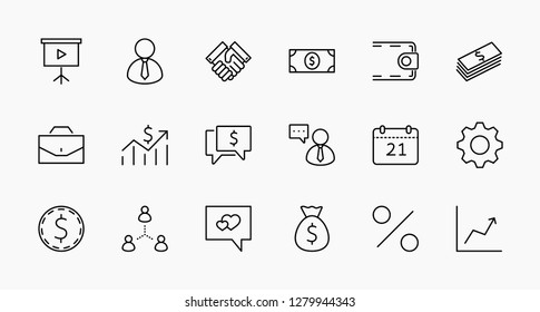 Set of business vector line icons. It contains symbols of a handshake, a user, dollar pictograms, gears, a briefcase, a bag of money, a schedule and much more. Editable move. 32x32 pixels.