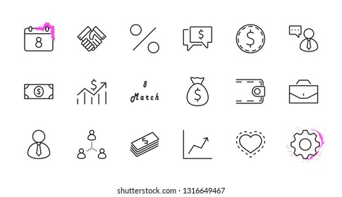 Set of Business vector line icons. It contains symbols of a handshake, a user, dollar pictograms, gears, a briefcase, a bag of money, a schedule and much more. Editable Stroke. 32x32 pixels.