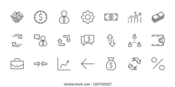 Set of Business vector line icons. It contains symbols of a handshake, a user, dollar pictograms, gears, a briefcase, a bag of money, a schedule and much more. Editable Stroke. 32x32 pixels.