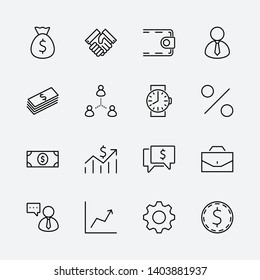 Set of Business vector line icons. It contains symbols of a handshake, a user, dollar pictograms, gears, a briefcase, a bag of money, a schedule and much more. Editable Stroke. 32x32 pixels.