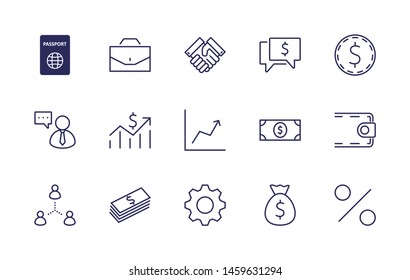 Set of Business vector line icons. It contains symbols of a handshake, a user, dollar pictograms, gears, a briefcase, a bag of money, a schedule and much more. Editable Stroke. 32x32 pixels.