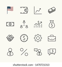 Set of Business vector line icons. It contains symbols of a handshake, a user, dollar pictograms, gears, a briefcase, a bag of money, a schedule and much more. Editable Stroke. 32x32 pixels.