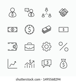 Set of Business vector line icons. It contains symbols of a handshake, a user, dollar pictograms, gears, a briefcase, a bag of money, a schedule and much more. Editable Stroke. 32x32 pixels.