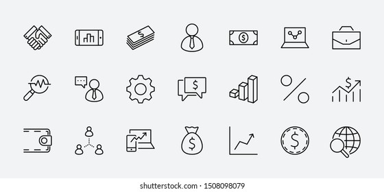 Set of Business vector line icons. It contains symbols of a handshake, a user, dollar pictograms, gears, a briefcase, a bag of money, a schedule and much more. Editable Stroke. 32x32 pixels.