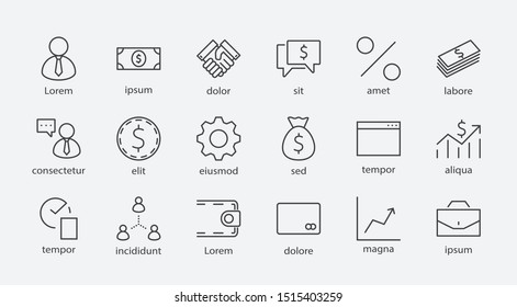 Set of Business vector line icons. It contains symbols of a handshake, a user, dollar pictograms, gears, a briefcase, a bag of money, a schedule and much more. Editable Stroke. 32x32 pixels.