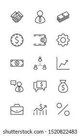 Set of Business vector line icons. It contains symbols of a handshake, a user, dollar pictograms, gears, a briefcase, a bag of money, a schedule and much more. Editable Stroke. 32x32 pixels.
