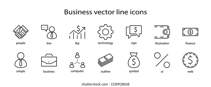 Set of Business vector line icons. It contains symbols of a handshake, a user, dollar pictograms, gears, a briefcase, a bag of money, a schedule and much more. Editable Stroke. 32x32 pixels.