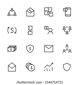 Set of business vector line icons. It contains user symbols, dollar pictograms, puzzles, ... an envelope, messages, money coins, turnover, robot shield messages in the collective and much more