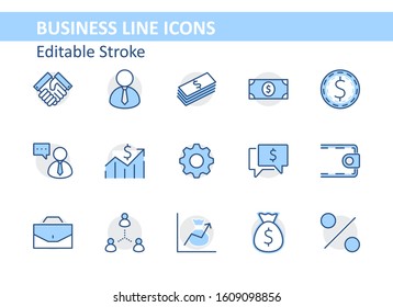 Set of Business vector line icons. It contains symbols of a handshake, a user, dollar pictograms, gears, a briefcase, a bag of money, a schedule and much more. Editable Stroke. 32x32 pixels.
