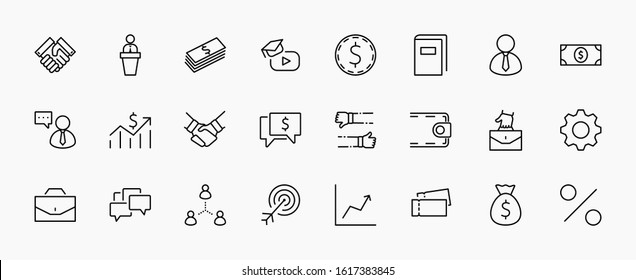 Set of Business vector line icons. It contains symbols of a handshake, a user, dollar pictograms, gears, a briefcase, a bag of money, a schedule and much more. Editable Stroke. 32x32 pixels.