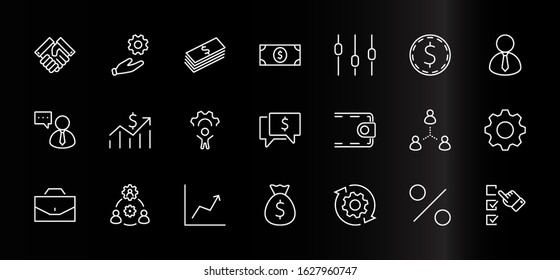 Set of Business vector line icons. It contains symbols of a handshake, a user, dollar pictograms, gears, a briefcase, a bag of money, a schedule and much more. Editable Stroke. 32x32 pixels.
