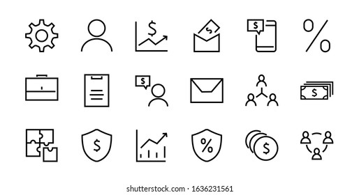Set of business vector line icons. It contains user symbols, dollar pictograms, gears, briefcase, puzzles, envelope, percentage, messages, schedule, and more. Editable 460x460 pixels