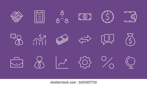 Set of Business vector line icons. It contains symbols of a handshake, a user, dollar pictograms, gears, a briefcase, a bag of money, a schedule and much more. Editable Stroke. 32x32 pixels.