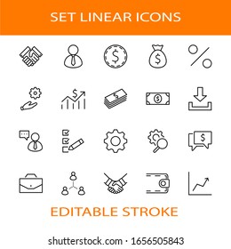 Set von Vektorillustration-Symbolen für Business. Es enthält Symbole eines Handshake, eines Benutzers, Dollar-Piktogramme, Zahnräder, einen Aktenkoffer, eine Tasche Geld, einen Zeitplan und vieles mehr. Bearbeitbarer Stroke. 32 x 32 Pixel.