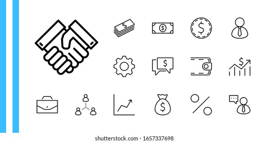 Set of Business vector line icons. It contains symbols of a handshake, a user, dollar pictograms, gears, a briefcase, a bag of money, a schedule and much more. Editable Stroke. 32x32 pixels.