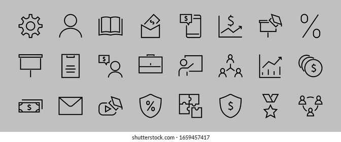 Set of business vector line icons. It contains user symbols, dollar pictograms, gears, briefcase, puzzles, envelope, percentage, messages, schedule, and more. Editable Bar. 460x460 pixels
