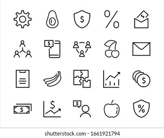  Set of business vector line icons. It contains user symbols, dollar pictograms, gears, briefcase, puzzles,
 envelope, percentage, messages, schedule, and more. Editable Bar. 460x460 pixels