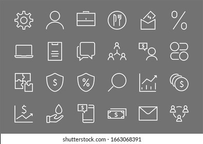 Set of business vector line icons. It contains user symbols, dollar pictograms, gears, briefcase, puzzles, envelope, percentage, messages, schedule, and more. Editable Bar. 460x460 pixels