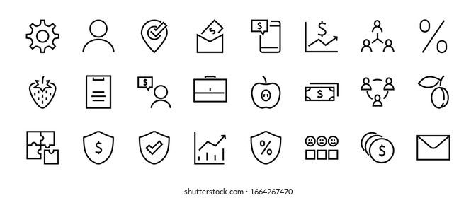  Set of business vector line icons. It contains user symbols, dollar pictograms, gears, briefcase, puzzles,
 envelope, percentage, messages, schedule, and more. Editable Bar. 460x460 pixels