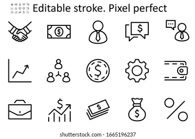 Set of Business vector line icons. It contains symbols of a handshake, a user, dollar pictograms, gears, a briefcase, a bag of money, a schedule and much more. Editable Stroke. 48x48 Pixel Perfect