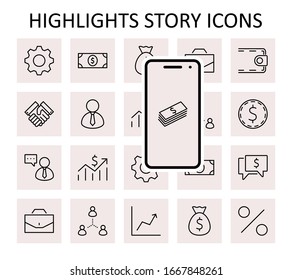 Conjunto de iconos de línea de vector de negocio. Contiene símbolos de un apretón de manos, un usuario, pictogramas en dólares, engranajes, un maletín, una bolsa de dinero, un horario y mucho más. Trazo editable. 32x32 píxeles.