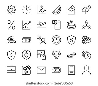  Set of business vector line icons. It contains user symbols, dollar pictograms, gears, briefcase, puzzles,
 envelope, percentage, messages, schedule, and more. Editable Bar. 460x460 pixels