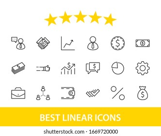 Set of Business vector line icons. It contains symbols of a handshake, a user, dollar pictograms, gears, a briefcase, a bag of money, a schedule and much more. Editable Stroke. 32x32 pixels.