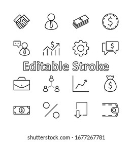 Set of Business vector line icons. It contains symbols of a handshake, a user, dollar pictograms, gears, a briefcase, a bag of money, a schedule and much more. Editable Stroke. 32x32 pixels.