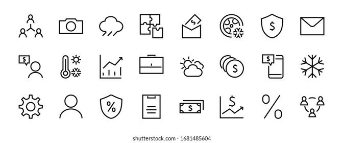 Conjunto de iconos de línea vectorial de negocios. Contiene símbolos de usuario, pictogramas en dólares, engranajes, maletín, puzzles, sobre, porcentaje, mensajes, programación y más. Barra editable 460x460 píxeles