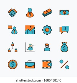 Set of Business vector line icons. It contains symbols of a handshake, a user, dollar pictograms, gears, a briefcase, a bag of money, a schedule and much more. Editable Stroke. 32x32 pixels.