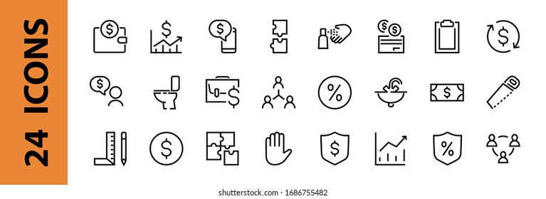  Set of business vector line icons. It contains user symbols, dollar pictograms, gears, briefcase, puzzles, envelope, percentage, messages, schedule, and more. Editable Bar. 460x460 pixels
