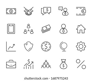 Set of Business vector line icons. It contains symbols of a handshake, a user, dollar pictograms, gears, a briefcase, a bag of money, a schedule and much more. Editable Stroke. 32x32 pixels.