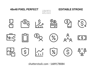 Set of business vector line icons. It contains user symbols, dollar pictograms, gears, briefcase, puzzles, envelope, percentage, messages, schedule, and more. Editable Bar 460x460 pixels