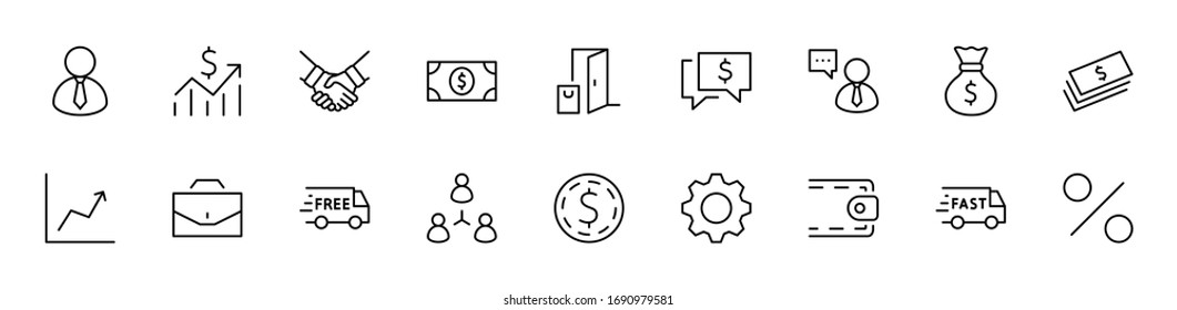 Conjunto de iconos de línea de vector de negocio. Contiene símbolos de un apretón de manos, un usuario, pictogramas en dólares, engranajes, un maletín, una bolsa de dinero, un horario y mucho más. Trazo editable. 32x32 píxeles.