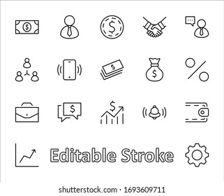 Set of Business vector line icons. It contains symbols of a handshake, a user, dollar pictograms, gears, a briefcase, a bag of money, a schedule and much more. Editable Stroke. 32x32 pixels.