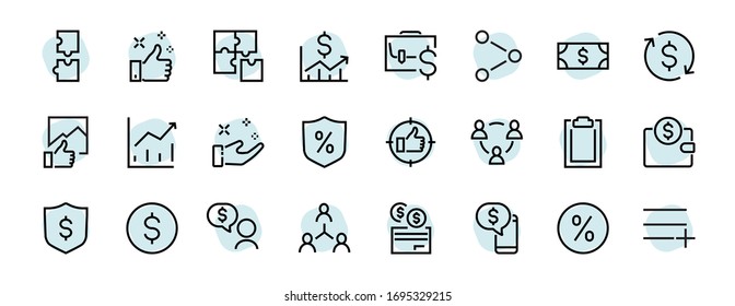  Set of business vector line icons. It contains user symbols, dollar pictograms, gears, briefcase, puzzles,
 envelope, percentage, messages, schedule, and more. Editable Bar. 460x460 pixels