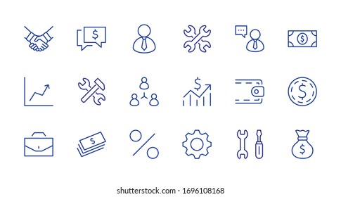 Set of Business vector line icons. It contains symbols of a handshake, a user, dollar pictograms, gears, a briefcase, a bag of money, a schedule and much more. Editable Stroke. 32x32 pixels.