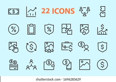  Set of business vector line icons. It contains user symbols, dollar pictograms, gears, briefcase, puzzles, envelope, percentage, messages, schedule, and more. Editable Bar. 460x460 pixels