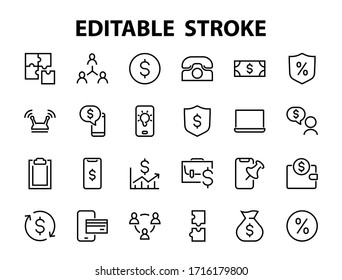 Set of business vector line icons. It contains user symbols, dollar pictograms, gears, briefcase, puzzles, envelope, percentage, messages, schedule, and more. Editable Bar. 460x460 pixels