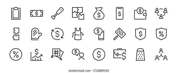 Conjunto de iconos de línea vectorial de negocios. Contiene símbolos de usuario, pictogramas en dólares, engranajes, maletín, puzzles, sobre, porcentaje, mensajes, programación y más. Barra editable. 460 x 460 píxeles