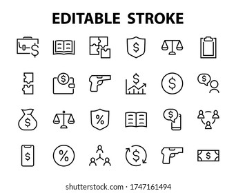 Set of business vector line icons. It contains user symbols, dollar pictograms, gears, briefcase, puzzles, envelope, percentage, messages, schedule, and more. Editable Bar. 460x460 pixels