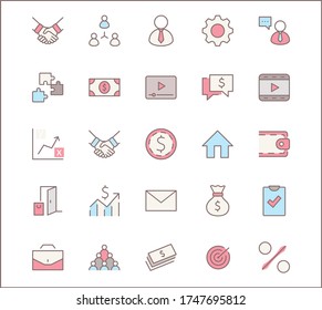 Set of Business vector line icons. It contains symbols of a handshake, a user, dollar pictograms, gears, a briefcase, a bag of money, a schedule and much more. Editable Stroke. 32x32 pixels.